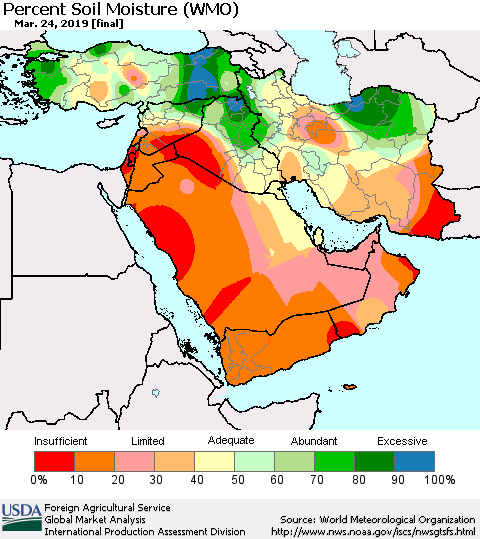 Middle East and Turkey Percent Soil Moisture (WMO) Thematic Map For 3/18/2019 - 3/24/2019
