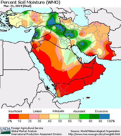 Middle East and Turkey Percent Soil Moisture (WMO) Thematic Map For 3/25/2019 - 3/31/2019