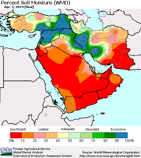 Middle East and Turkey Percent Soil Moisture (WMO) Thematic Map For 4/1/2019 - 4/7/2019