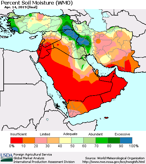 Middle East and Turkey Percent Soil Moisture (WMO) Thematic Map For 4/8/2019 - 4/14/2019