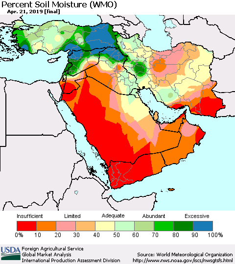 Middle East and Turkey Percent Soil Moisture (WMO) Thematic Map For 4/15/2019 - 4/21/2019