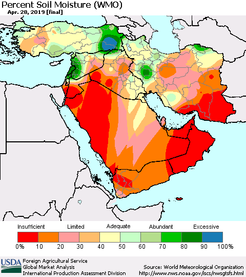 Middle East and Turkey Percent Soil Moisture (WMO) Thematic Map For 4/22/2019 - 4/28/2019