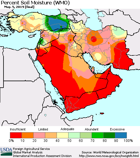 Middle East and Turkey Percent Soil Moisture (WMO) Thematic Map For 4/29/2019 - 5/5/2019