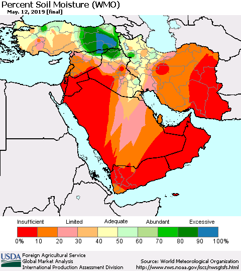 Middle East and Turkey Percent Soil Moisture (WMO) Thematic Map For 5/6/2019 - 5/12/2019