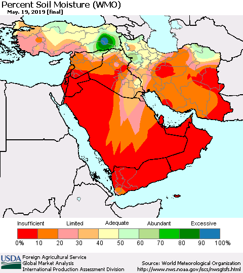 Middle East and Turkey Percent Soil Moisture (WMO) Thematic Map For 5/13/2019 - 5/19/2019