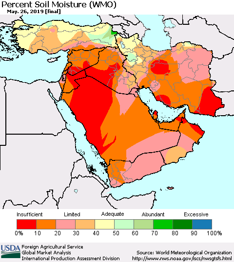 Middle East and Turkey Percent Soil Moisture (WMO) Thematic Map For 5/20/2019 - 5/26/2019