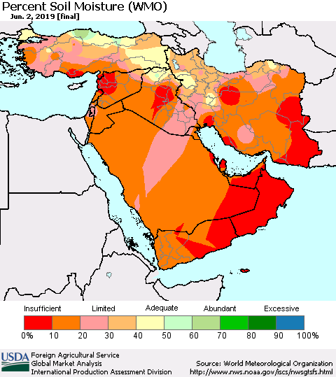 Middle East and Turkey Percent Soil Moisture (WMO) Thematic Map For 5/27/2019 - 6/2/2019
