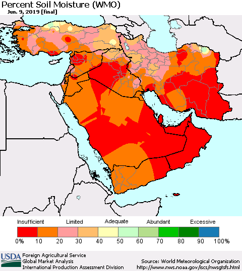 Middle East and Turkey Percent Soil Moisture (WMO) Thematic Map For 6/3/2019 - 6/9/2019