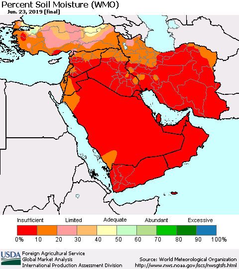 Middle East and Turkey Percent Soil Moisture (WMO) Thematic Map For 6/17/2019 - 6/23/2019