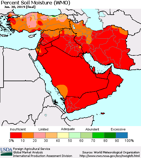 Middle East and Turkey Percent Soil Moisture (WMO) Thematic Map For 6/24/2019 - 6/30/2019