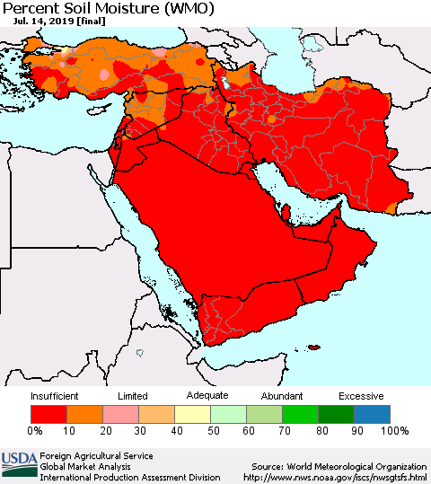 Middle East and Turkey Percent Soil Moisture (WMO) Thematic Map For 7/8/2019 - 7/14/2019