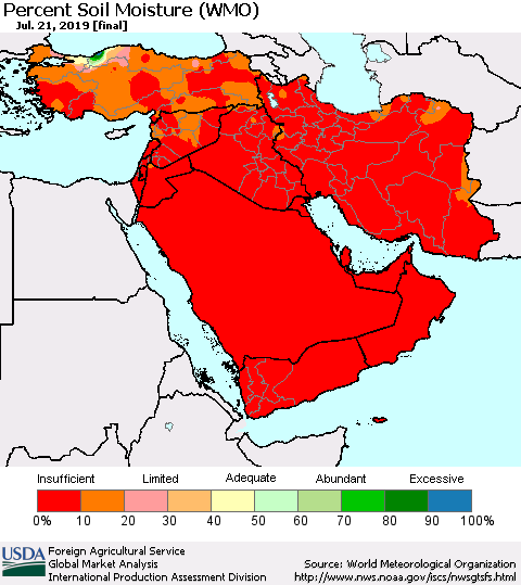 Middle East and Turkey Percent Soil Moisture (WMO) Thematic Map For 7/15/2019 - 7/21/2019