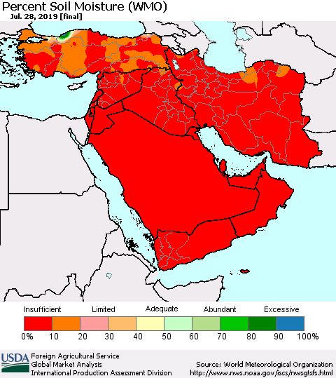 Middle East and Turkey Percent Soil Moisture (WMO) Thematic Map For 7/22/2019 - 7/28/2019