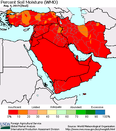 Middle East and Turkey Percent Soil Moisture (WMO) Thematic Map For 7/29/2019 - 8/4/2019
