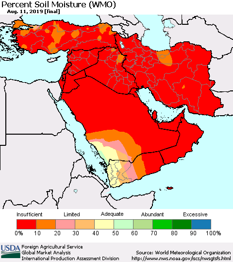 Middle East and Turkey Percent Soil Moisture (WMO) Thematic Map For 8/5/2019 - 8/11/2019