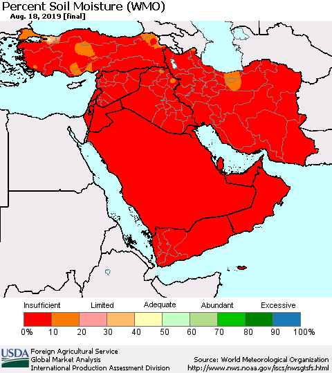 Middle East and Turkey Percent Soil Moisture (WMO) Thematic Map For 8/12/2019 - 8/18/2019