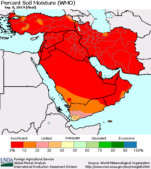 Middle East and Turkey Percent Soil Moisture (WMO) Thematic Map For 9/2/2019 - 9/8/2019