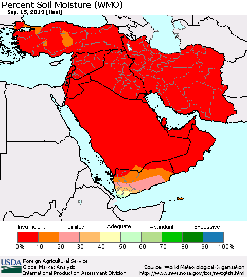 Middle East and Turkey Percent Soil Moisture (WMO) Thematic Map For 9/9/2019 - 9/15/2019