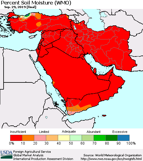 Middle East and Turkey Percent Soil Moisture (WMO) Thematic Map For 9/23/2019 - 9/29/2019