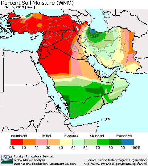Middle East and Turkey Percent Soil Moisture (WMO) Thematic Map For 9/30/2019 - 10/6/2019