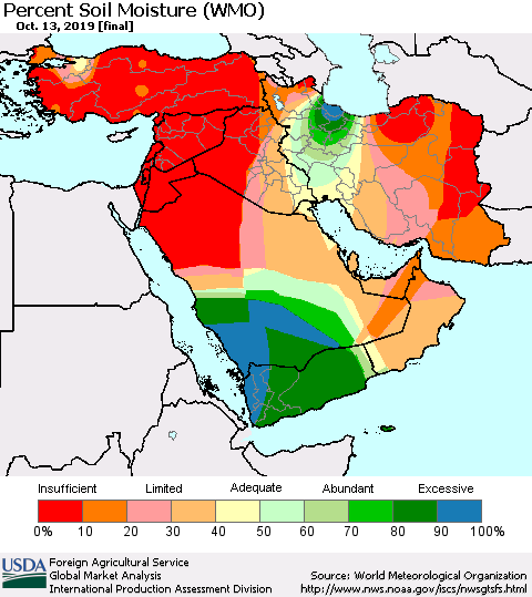 Middle East and Turkey Percent Soil Moisture (WMO) Thematic Map For 10/7/2019 - 10/13/2019
