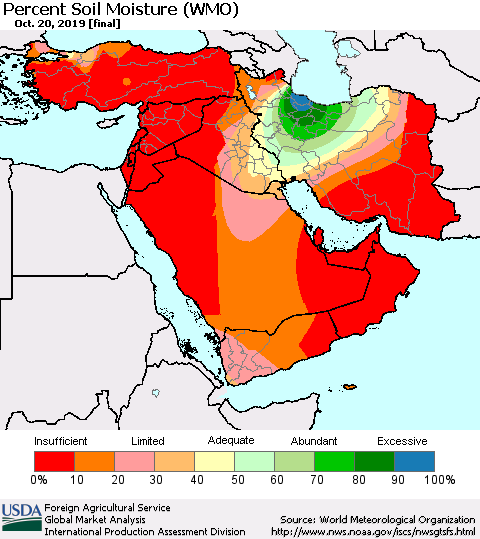 Middle East and Turkey Percent Soil Moisture (WMO) Thematic Map For 10/14/2019 - 10/20/2019