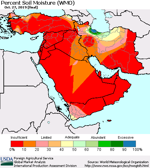 Middle East and Turkey Percent Soil Moisture (WMO) Thematic Map For 10/21/2019 - 10/27/2019