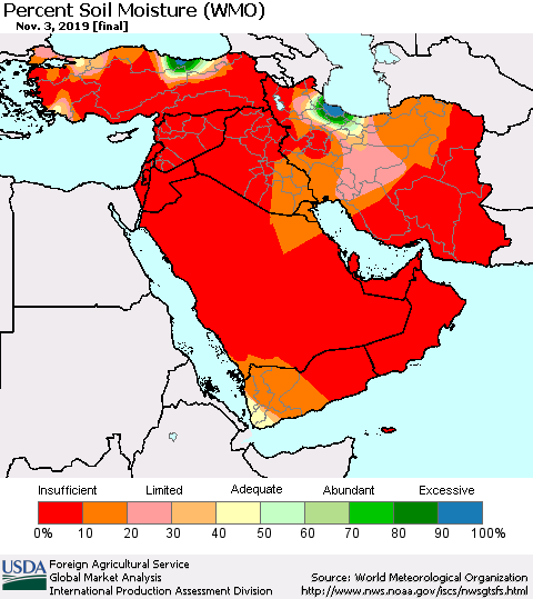 Middle East and Turkey Percent Soil Moisture (WMO) Thematic Map For 10/28/2019 - 11/3/2019