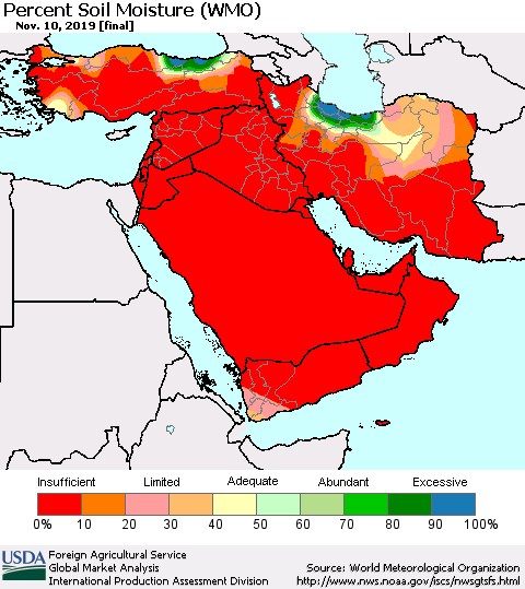 Middle East and Turkey Percent Soil Moisture (WMO) Thematic Map For 11/4/2019 - 11/10/2019