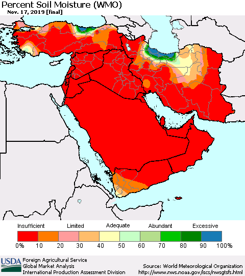 Middle East and Turkey Percent Soil Moisture (WMO) Thematic Map For 11/11/2019 - 11/17/2019