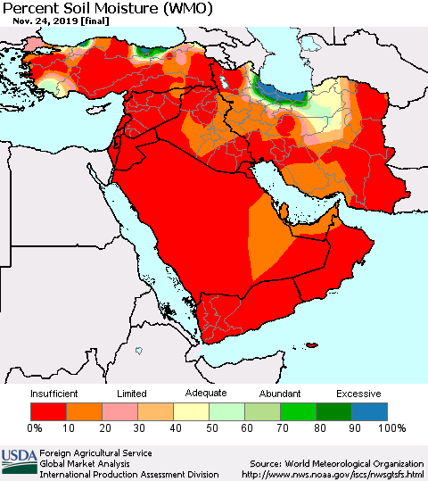 Middle East and Turkey Percent Soil Moisture (WMO) Thematic Map For 11/18/2019 - 11/24/2019