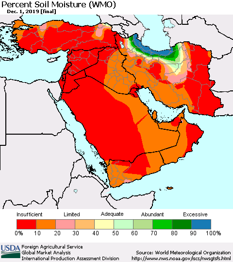 Middle East and Turkey Percent Soil Moisture (WMO) Thematic Map For 11/25/2019 - 12/1/2019