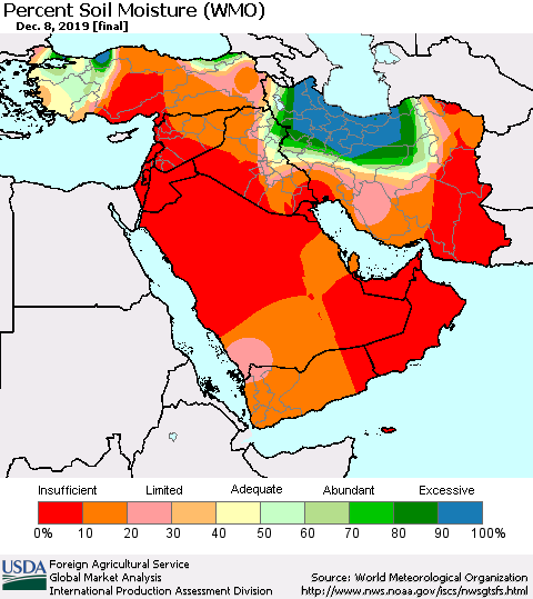 Middle East and Turkey Percent Soil Moisture (WMO) Thematic Map For 12/2/2019 - 12/8/2019