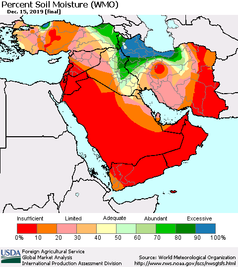 Middle East and Turkey Percent Soil Moisture (WMO) Thematic Map For 12/9/2019 - 12/15/2019
