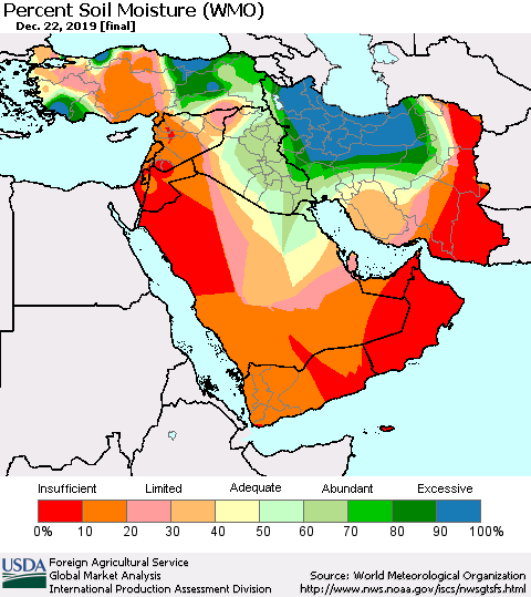 Middle East and Turkey Percent Soil Moisture (WMO) Thematic Map For 12/16/2019 - 12/22/2019