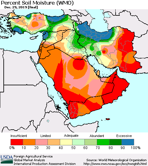 Middle East and Turkey Percent Soil Moisture (WMO) Thematic Map For 12/23/2019 - 12/29/2019