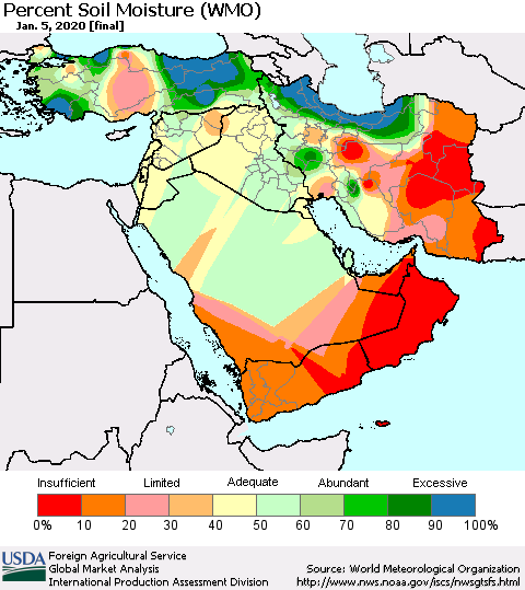 Middle East and Turkey Percent Soil Moisture (WMO) Thematic Map For 12/30/2019 - 1/5/2020