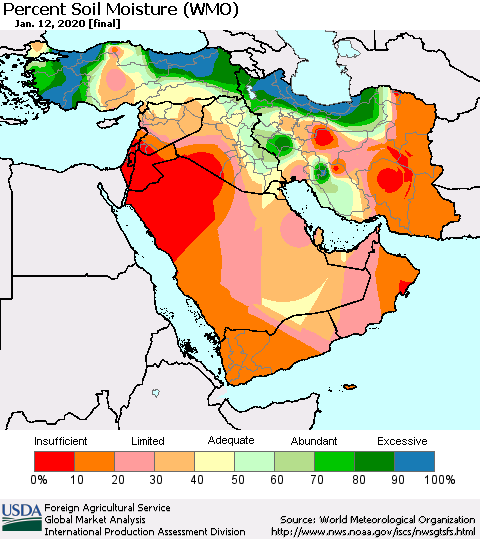 Middle East and Turkey Percent Soil Moisture (WMO) Thematic Map For 1/6/2020 - 1/12/2020