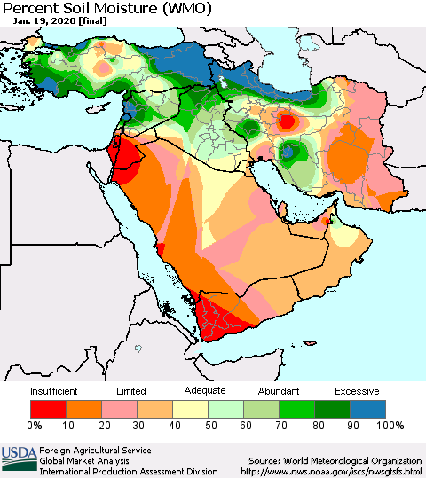 Middle East and Turkey Percent Soil Moisture (WMO) Thematic Map For 1/13/2020 - 1/19/2020