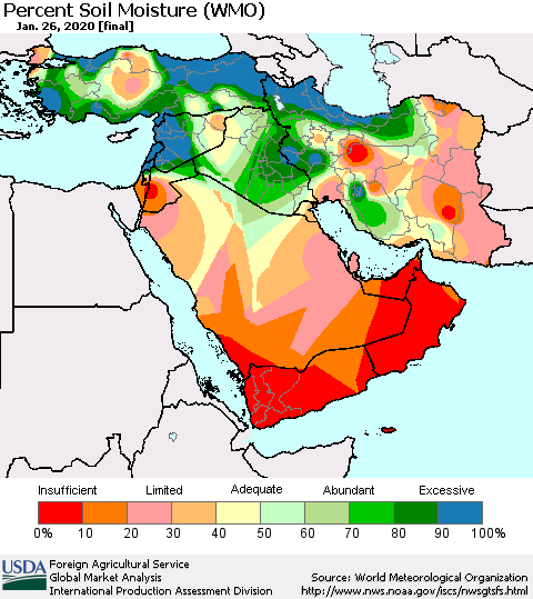 Middle East and Turkey Percent Soil Moisture (WMO) Thematic Map For 1/20/2020 - 1/26/2020