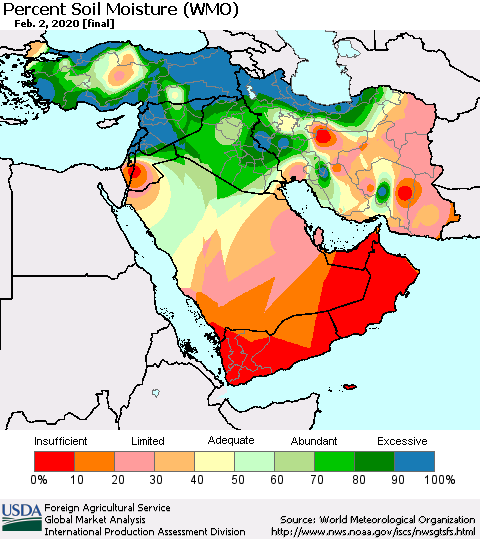 Middle East and Turkey Percent Soil Moisture (WMO) Thematic Map For 1/27/2020 - 2/2/2020