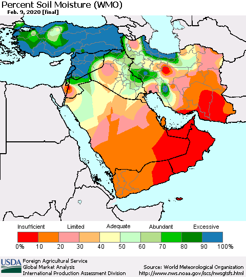 Middle East and Turkey Percent Soil Moisture (WMO) Thematic Map For 2/3/2020 - 2/9/2020