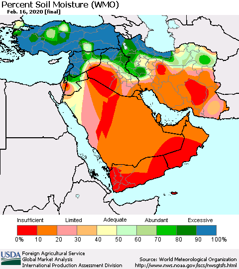 Middle East and Turkey Percent Soil Moisture (WMO) Thematic Map For 2/10/2020 - 2/16/2020
