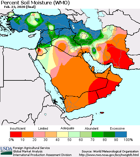 Middle East and Turkey Percent Soil Moisture (WMO) Thematic Map For 2/17/2020 - 2/23/2020