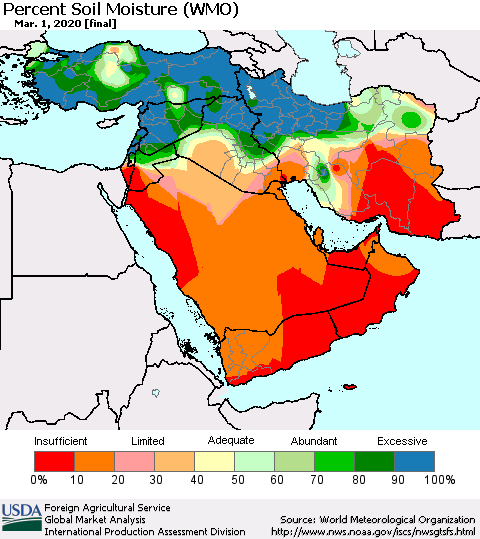 Middle East and Turkey Percent Soil Moisture (WMO) Thematic Map For 2/24/2020 - 3/1/2020