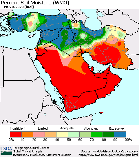 Middle East and Turkey Percent Soil Moisture (WMO) Thematic Map For 3/2/2020 - 3/8/2020