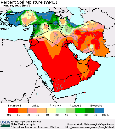 Middle East and Turkey Percent Soil Moisture (WMO) Thematic Map For 3/9/2020 - 3/15/2020
