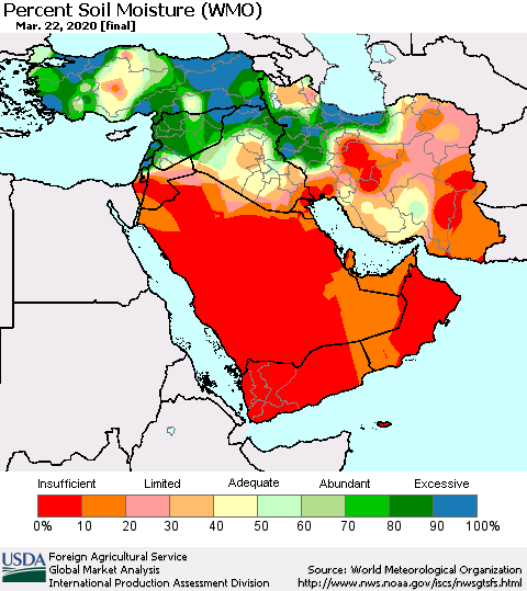 Middle East and Turkey Percent Soil Moisture (WMO) Thematic Map For 3/16/2020 - 3/22/2020