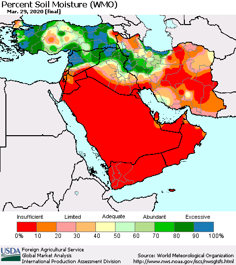Middle East and Turkey Percent Soil Moisture (WMO) Thematic Map For 3/23/2020 - 3/29/2020