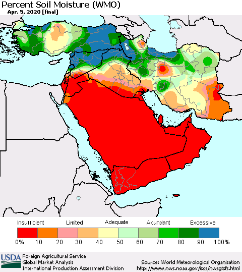 Middle East and Turkey Percent Soil Moisture (WMO) Thematic Map For 3/30/2020 - 4/5/2020